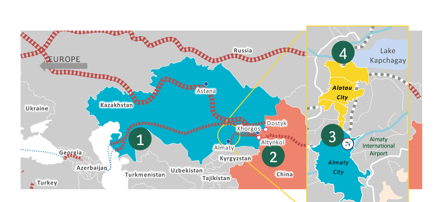 Карта Евразии: транспортные коридоры из Китая через Казахстан в Европу и расположение Alatau City между Алматы и Конаевым
